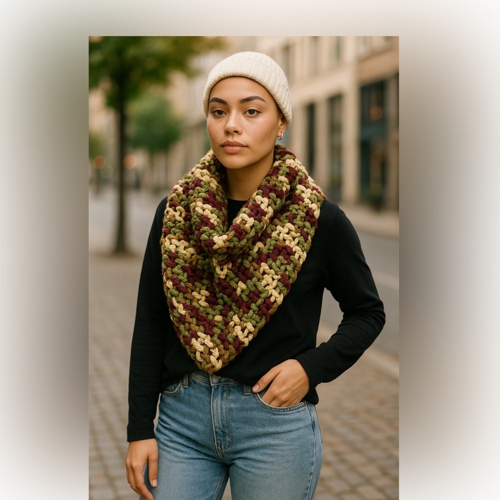 Women infinity‎ Knit Scarf Beanie Hat Cream,Off White Green Cranberry.